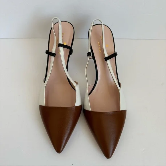 KateSpade Sabina pumps white brown leather with black and clear slingback straps - Picture 9 of 13